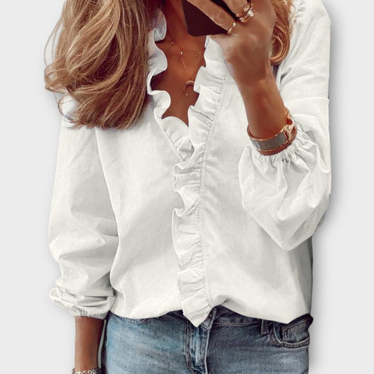 Women's Long Sleeve Blouse with Ruffle Front and V-Neck