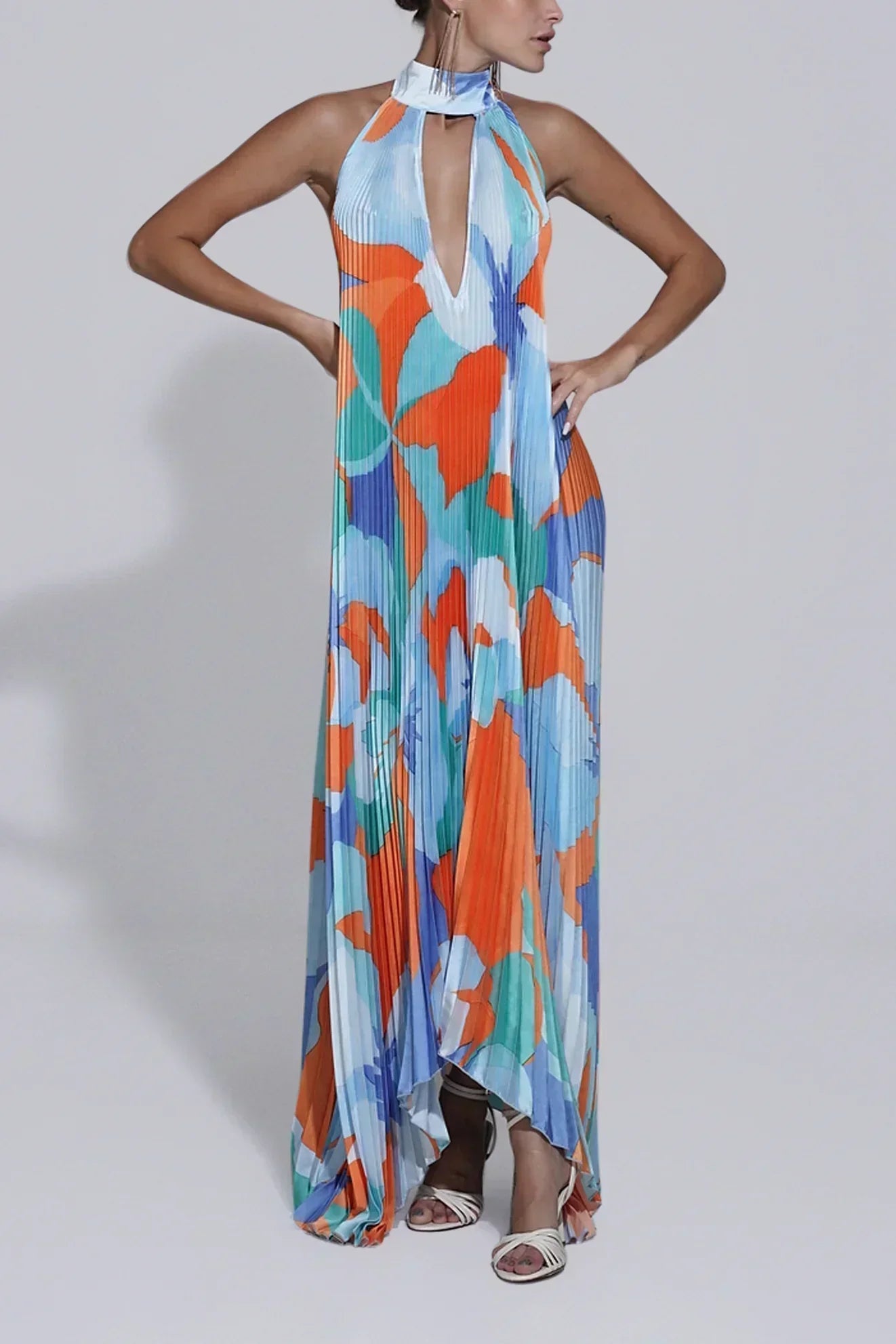 Chic and Elegant Pleated Halter Neck Long Maxi Dress in Bordeaux Color for Women Wedding Guests