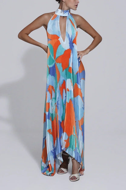 Chic and Elegant Pleated Halter Neck Long Maxi Dress in Bordeaux Color for Women Wedding Guests