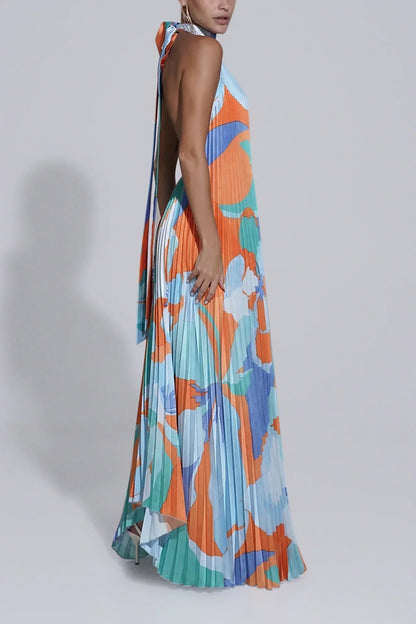 Chic and Elegant Pleated Halter Neck Long Maxi Dress in Bordeaux Color for Women Wedding Guests