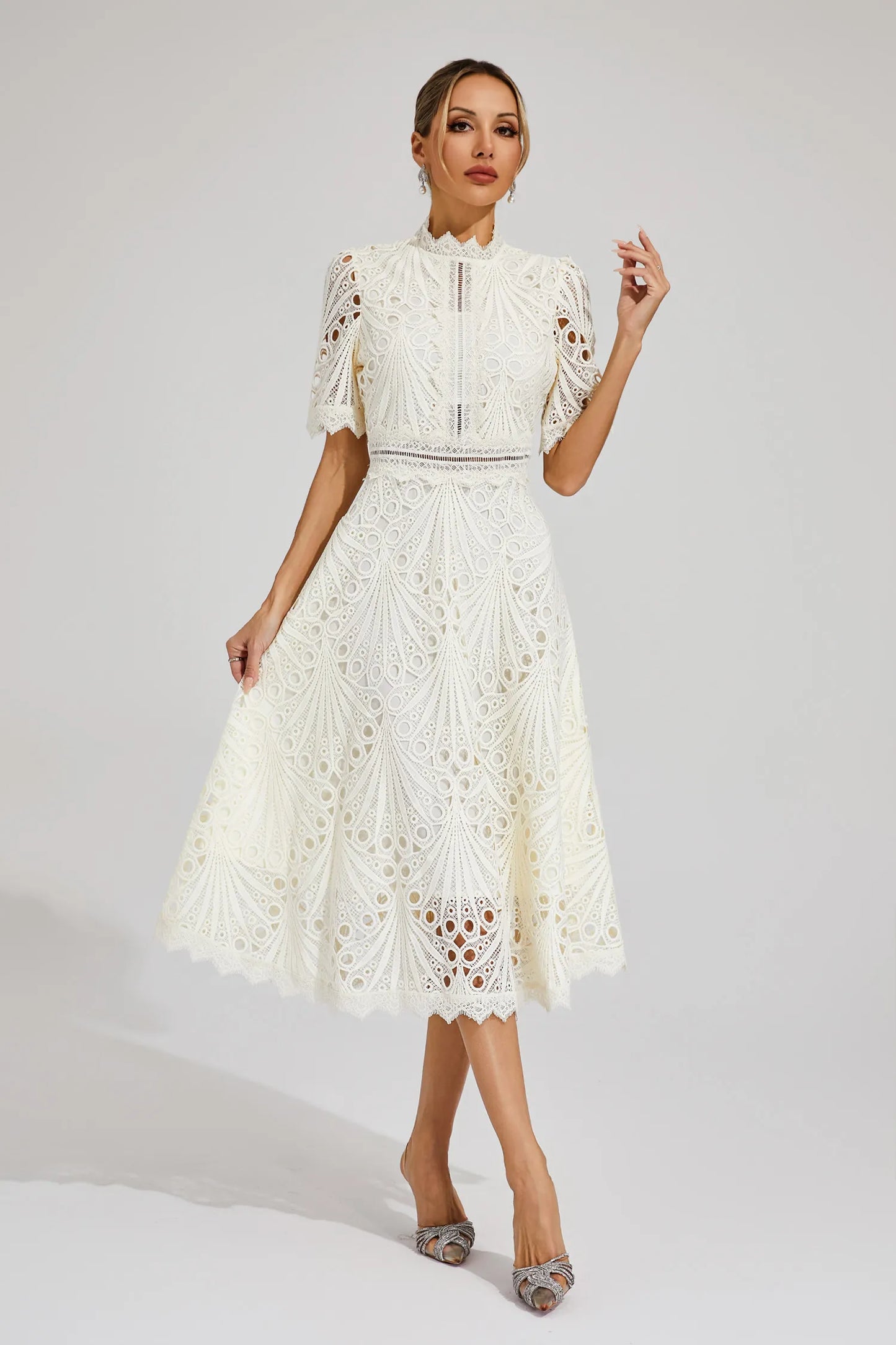 Beautiful Elegant Lace Midi Dress with Intricate Details for Weddings and Special Occasions