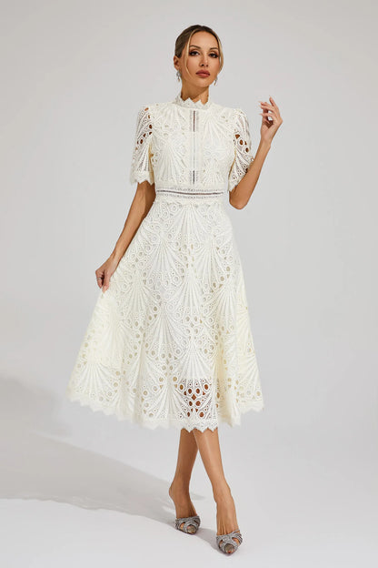 Beautiful Elegant Lace Midi Dress with Intricate Details for Weddings and Special Occasions