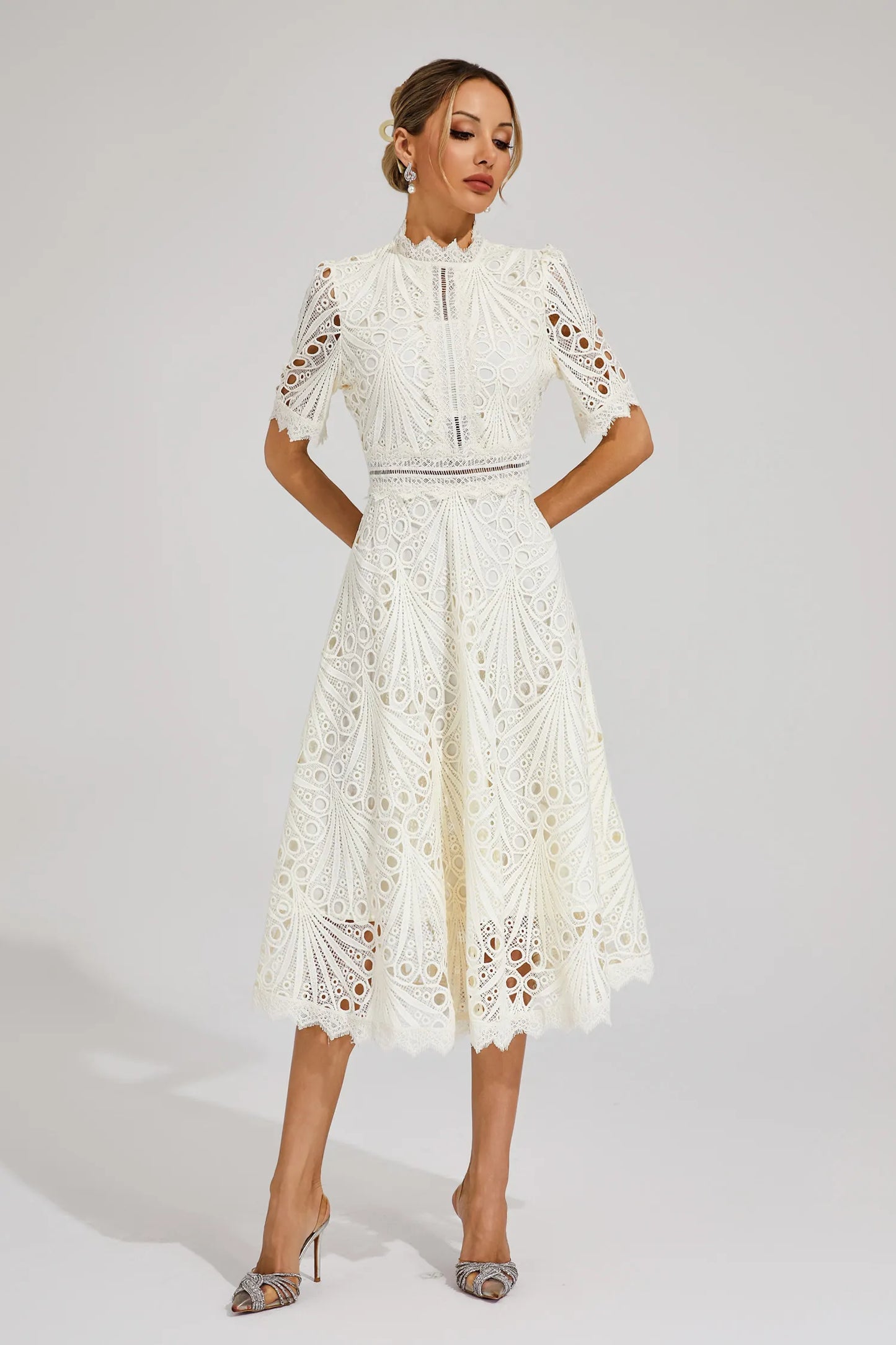 Beautiful Elegant Lace Midi Dress with Intricate Details for Weddings and Special Occasions