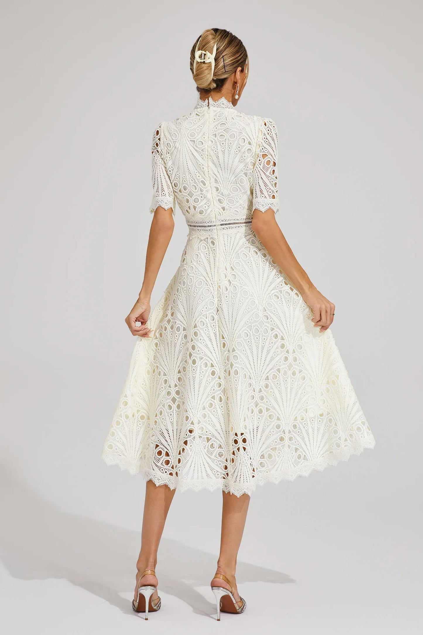 Beautiful Elegant Lace Midi Dress with Intricate Details for Weddings and Special Occasions