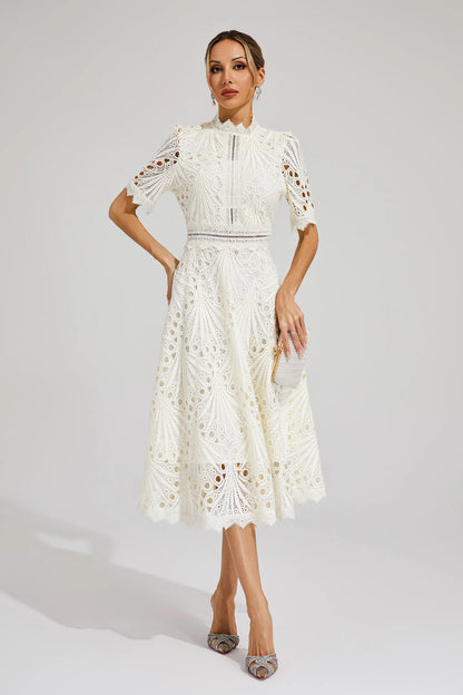 Beautiful Elegant Lace Midi Dress with Intricate Details for Weddings and Special Occasions
