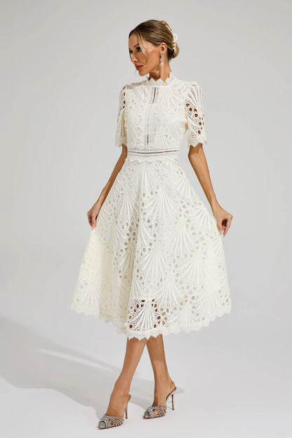 Beautiful Elegant Lace Midi Dress with Intricate Details for Weddings and Special Occasions