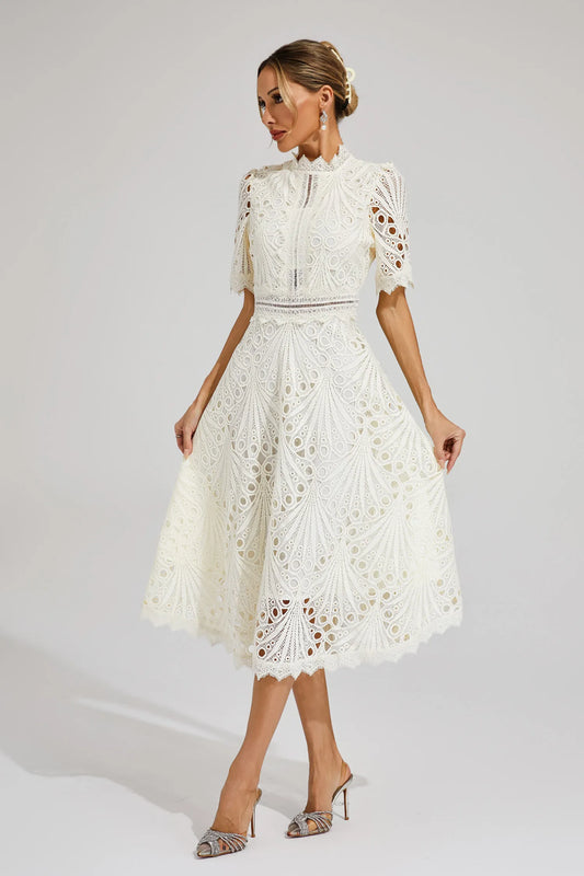 Beautiful Elegant Lace Midi Dress with Intricate Details for Weddings and Special Occasions
