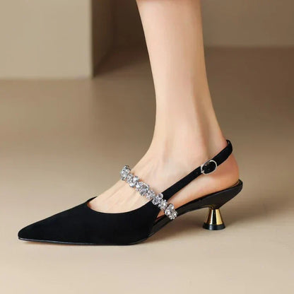 Women's Slingback Heels with Crystal Strap and Pointed Toe