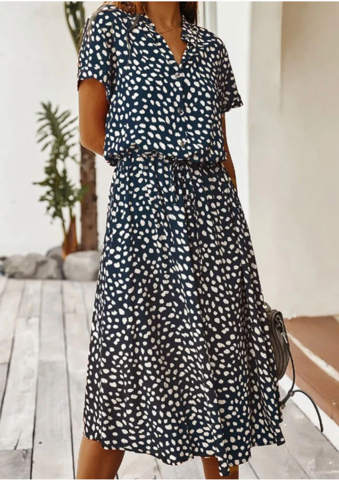 Women's Midi Dress with Spotted Print and Button-Down Design