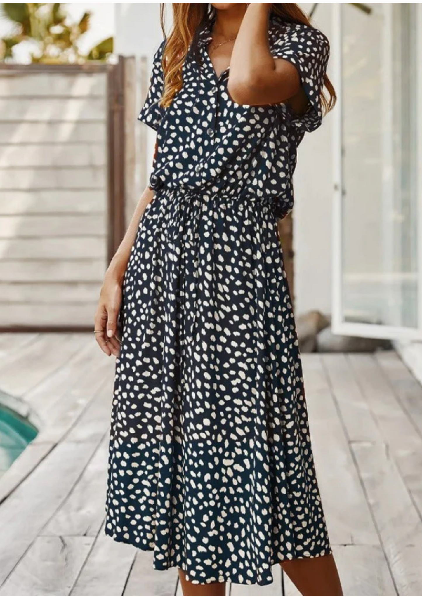 Women's Midi Dress with Spotted Print and Button-Down Design