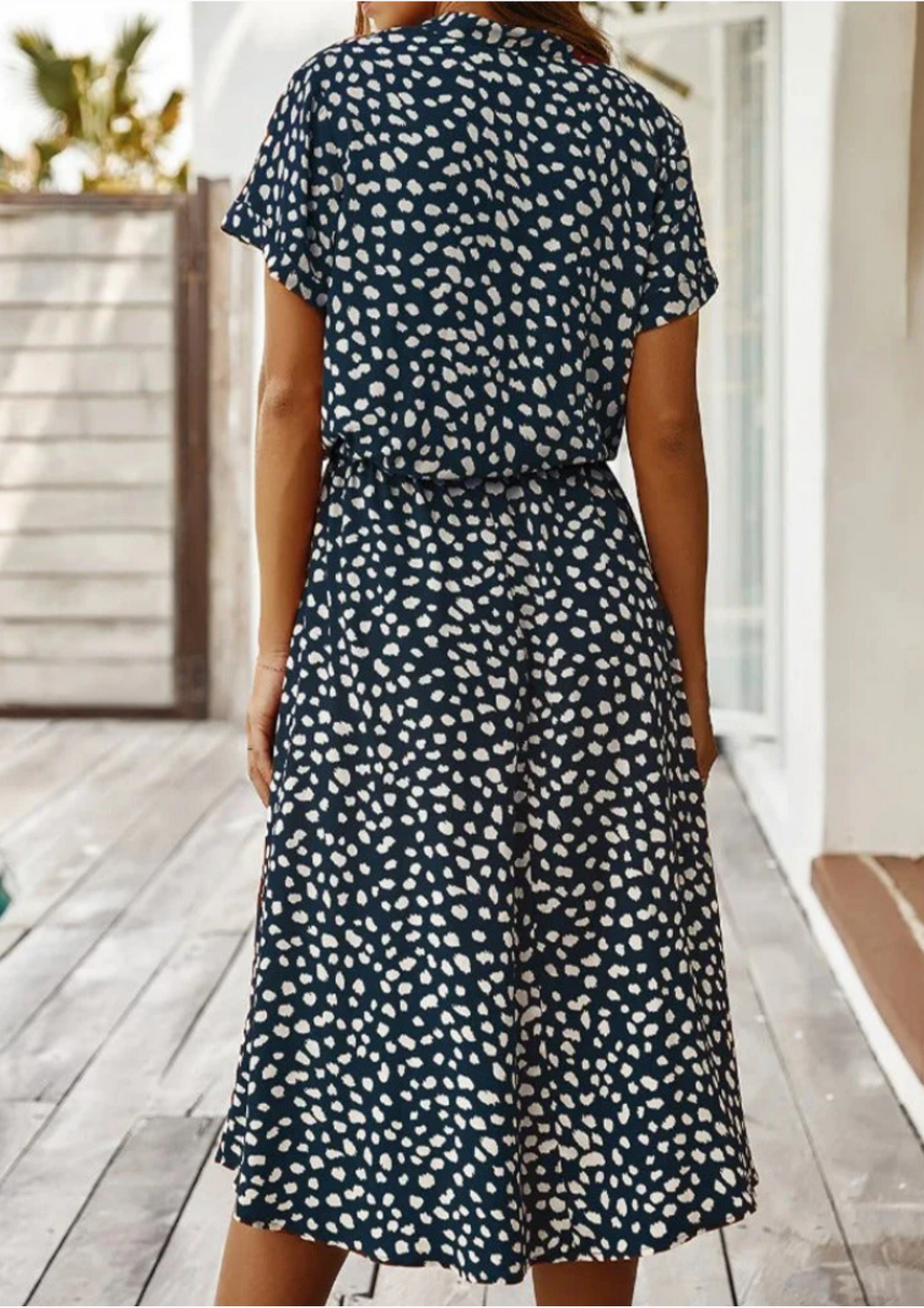 Women's Midi Dress with Spotted Print and Button-Down Design