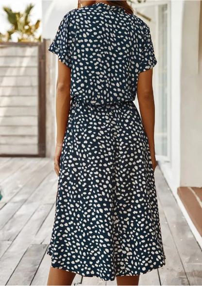 Women's Midi Dress with Spotted Print and Button-Down Design