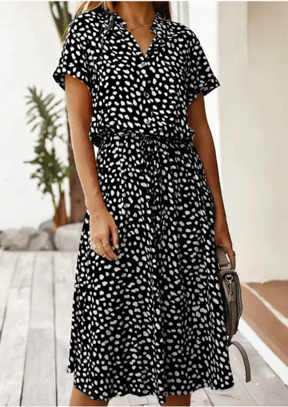Women's Midi Dress with Spotted Print and Button-Down Design