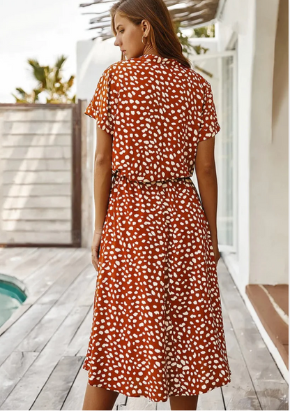 Women's Midi Dress with Spotted Print and Button-Down Design