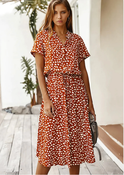 Women's Midi Dress with Spotted Print and Button-Down Design