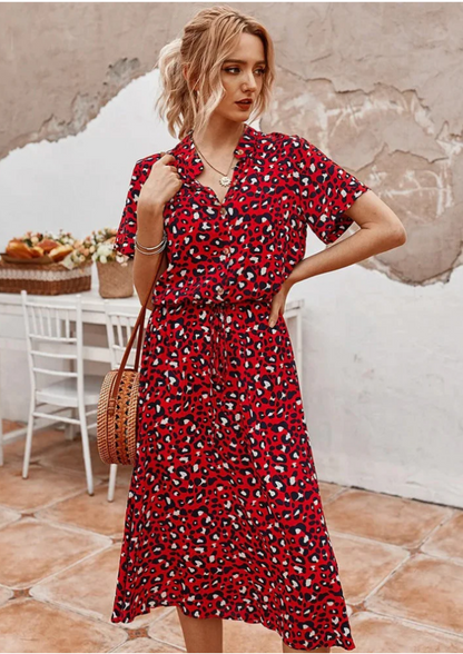 Women's Midi Dress with Spotted Print and Button-Down Design
