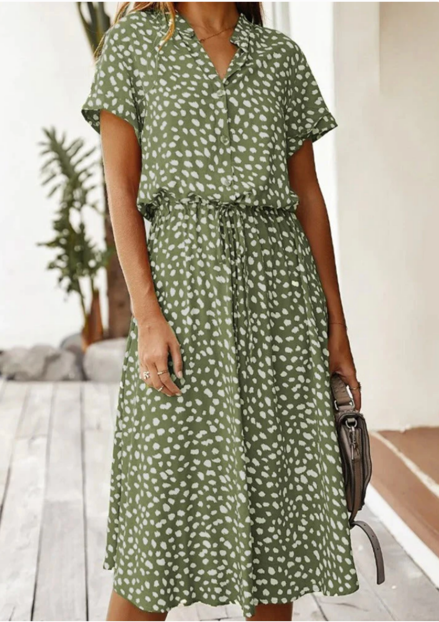 Women's Midi Dress with Spotted Print and Button-Down Design