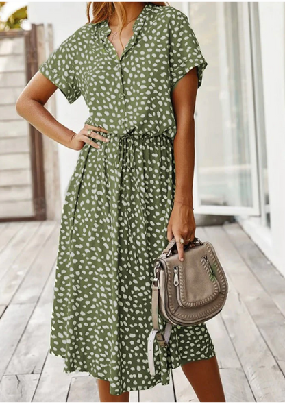 Women's Midi Dress with Spotted Print and Button-Down Design