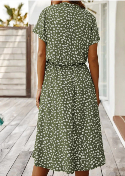 Women's Midi Dress with Spotted Print and Button-Down Design