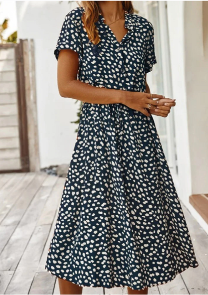 Women's Midi Dress with Spotted Print and Button-Down Design