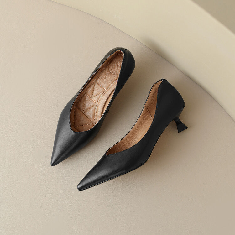 Women's Pointed Toe Pumps with Low Kitten Heel and Slip-On Design