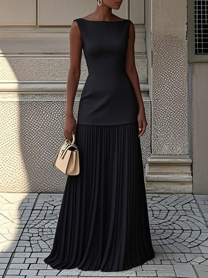 Graceful Silhouette Enhancing Sleeveless Pleated Flowing Evening Elegant Maxi Dress