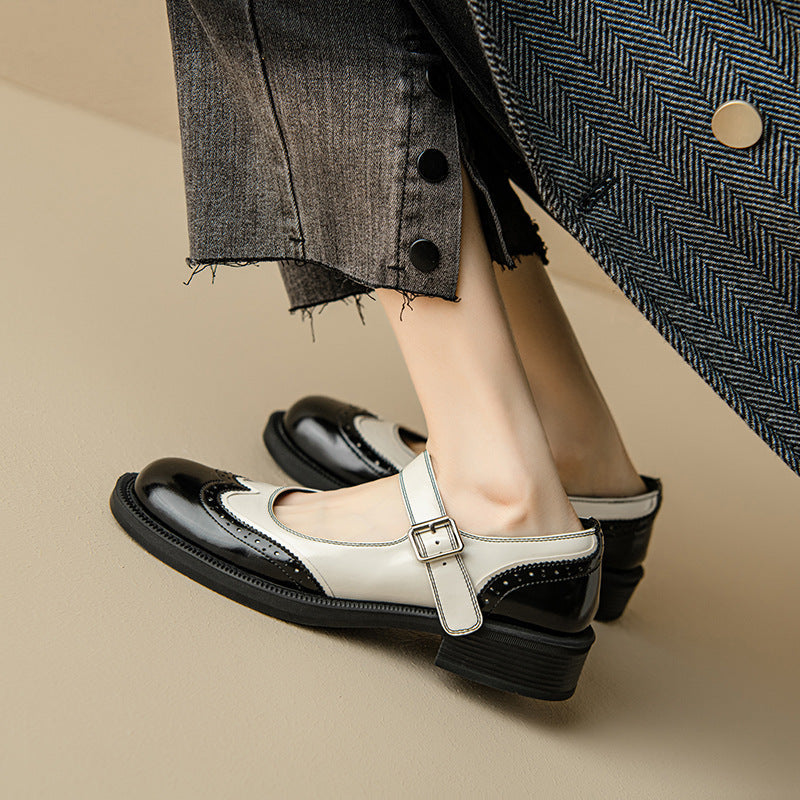 Women's Two-Tone Mary Jane Shoes with Brogue Detail and Low Heel