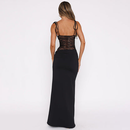 Women's Long Dress with Lace Detail and Classic Design