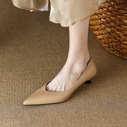 Women's Pointed Toe Pumps with Low Kitten Heel and Slip-On Design