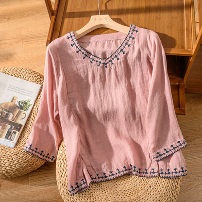 Women's Patterned V-Neck Blouse with Short Sleeves and Lightweight Fabric