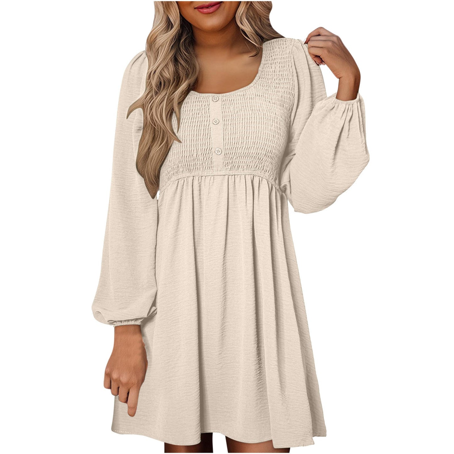Autumn Smocked Empire Waist Long Sleeve Flowing Skirt Dress