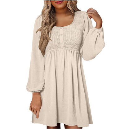 Autumn Smocked Empire Waist Long Sleeve Flowing Skirt Dress