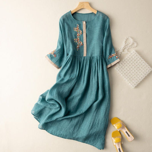 Elegant Flowing Embroidered Intricately Textured Delicately Gathered Waist Midi Dress
