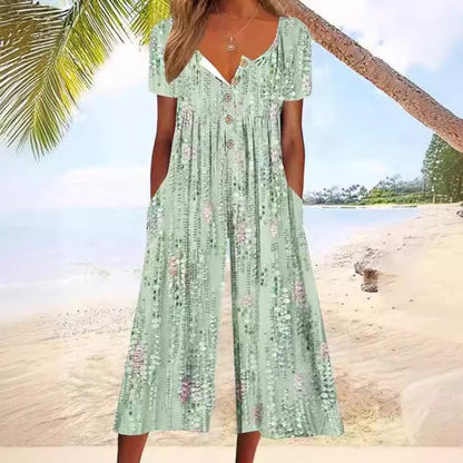 Women's Leaf Print V-Neck Jumpsuit with Short Sleeves and Wide Legs