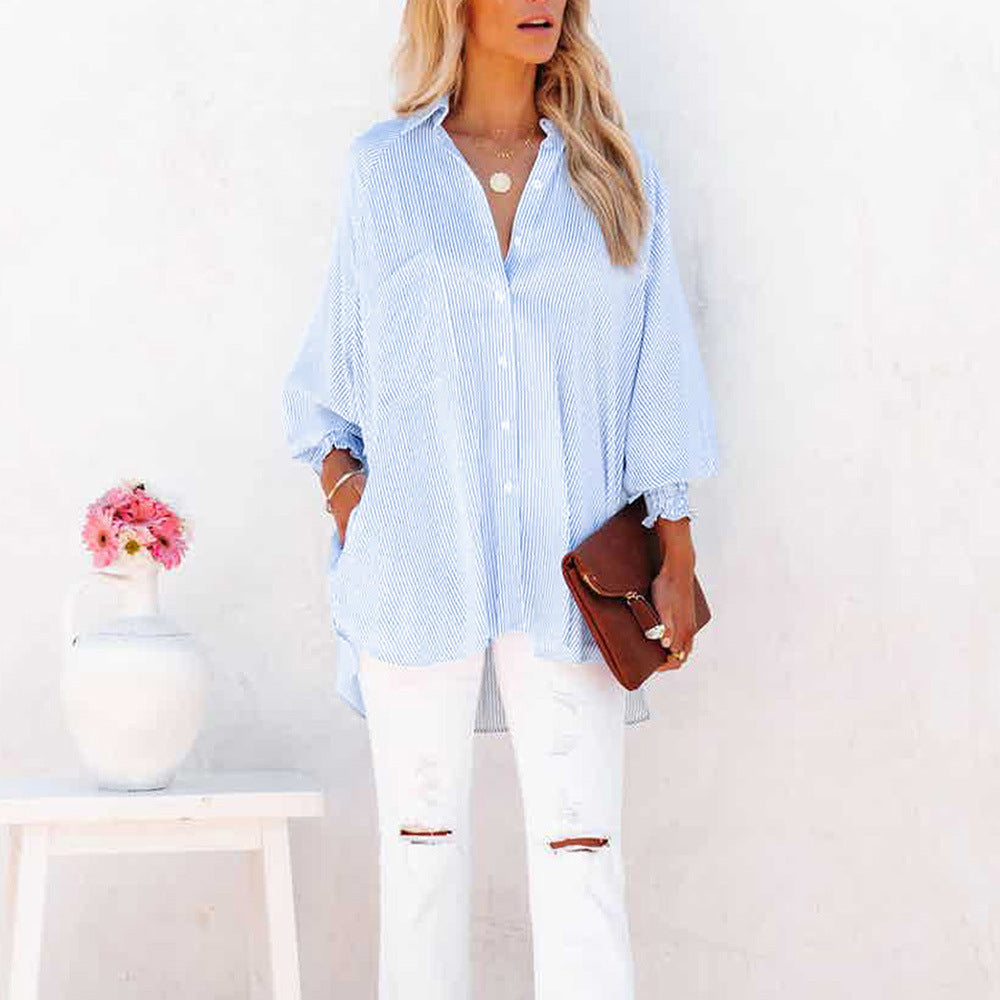 Women's Oversized Button-Down Shirt with Striped Pattern and Long Sleeves