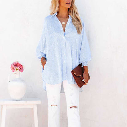 Women's Oversized Button-Down Shirt with Striped Pattern and Long Sleeves