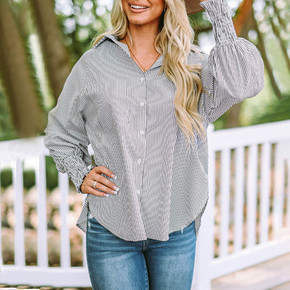 Women's Oversized Button-Down Shirt with Striped Pattern and Long Sleeves