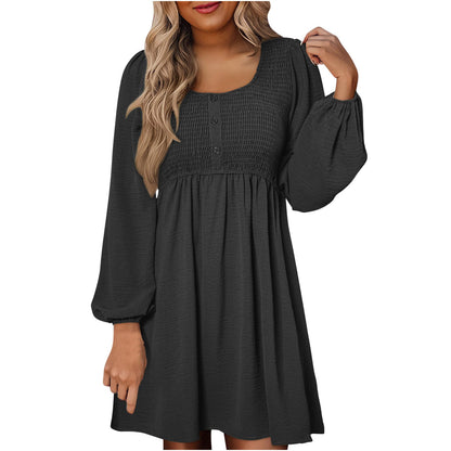 Autumn Smocked Empire Waist Long Sleeve Flowing Skirt Dress