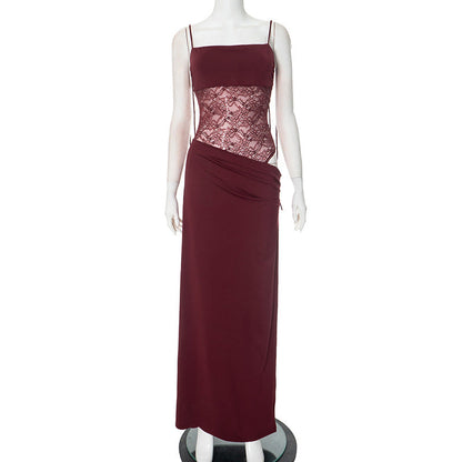 Women's Long Dress with Lace Detail and Classic Design