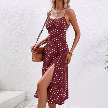 Luxurious Statement Sleeves Polka Dot Pattern Side Slit Midi Dress