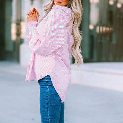 Women's Oversized Button-Down Shirt with Striped Pattern and Long Sleeves