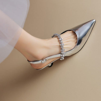 Women's Slingback Heels with Crystal Strap and Pointed Toe