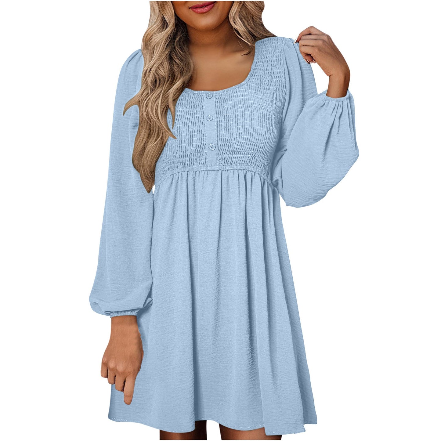 Autumn Smocked Empire Waist Long Sleeve Flowing Skirt Dress