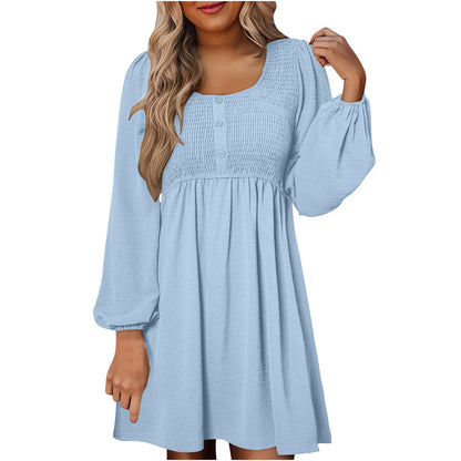 Autumn Smocked Empire Waist Long Sleeve Flowing Skirt Dress