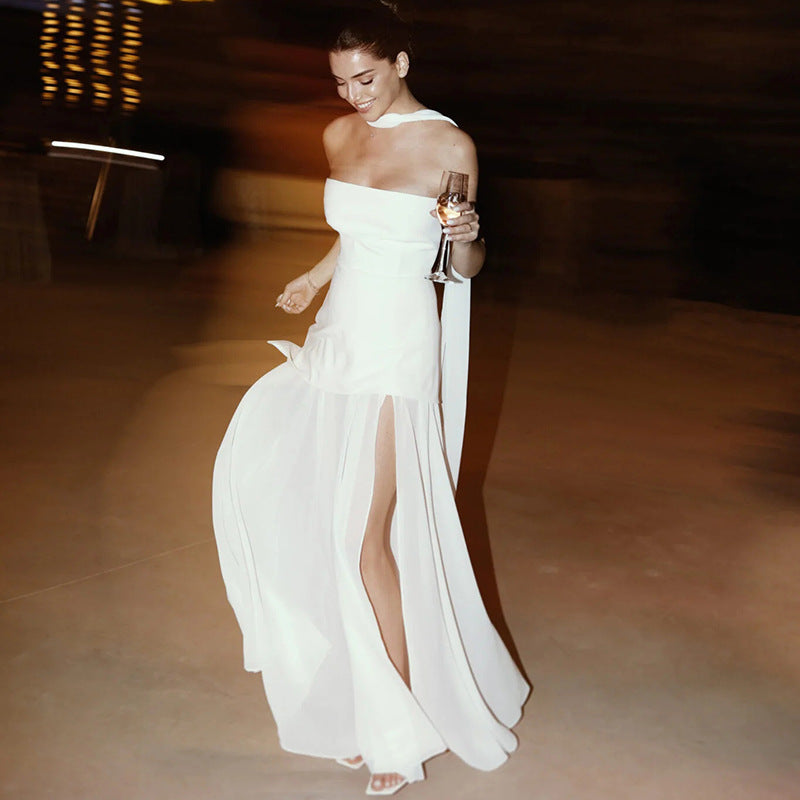 Women's Strapless Asymmetric Maxi Dress with Flowy Design and Versatile Style