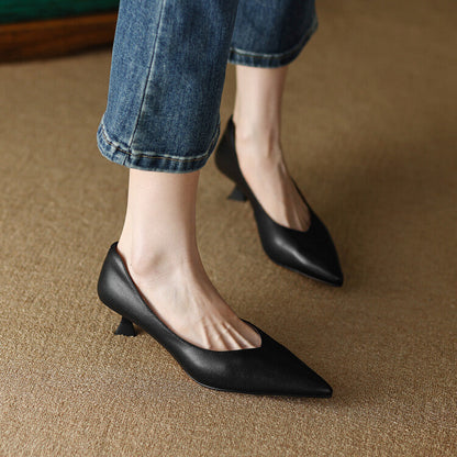 Women's Pointed Toe Pumps with Low Kitten Heel and Slip-On Design