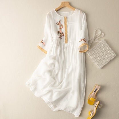 Elegant Flowing Embroidered Intricately Textured Delicately Gathered Waist Midi Dress