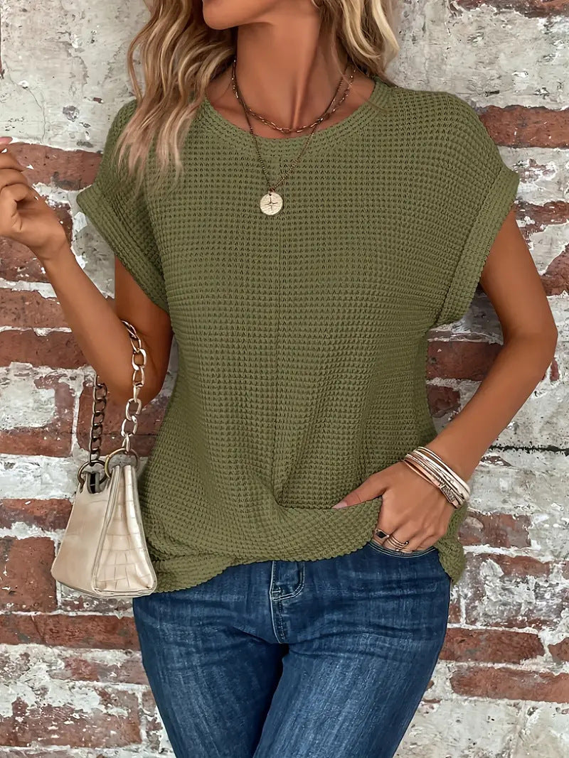 Women's Casual T-Shirt with Waffle Knit and Short Sleeves