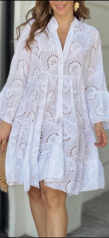 Women's Tiered Mini Dress with Patterned Design and Flared Skirt