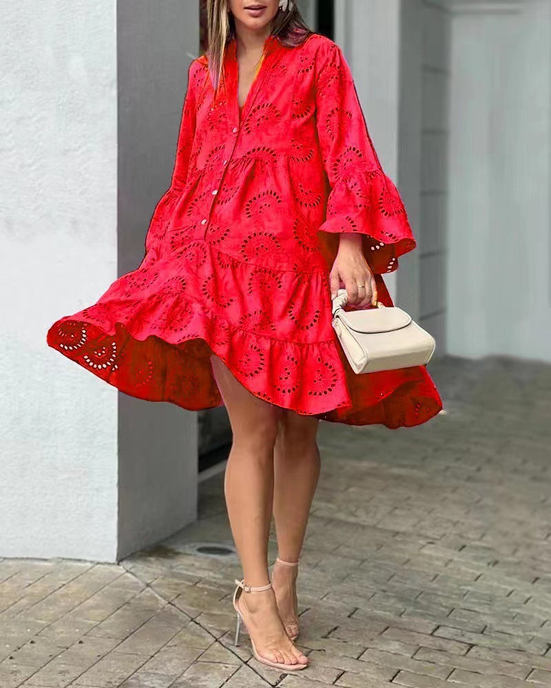Women's Tiered Mini Dress with Patterned Design and Flared Skirt